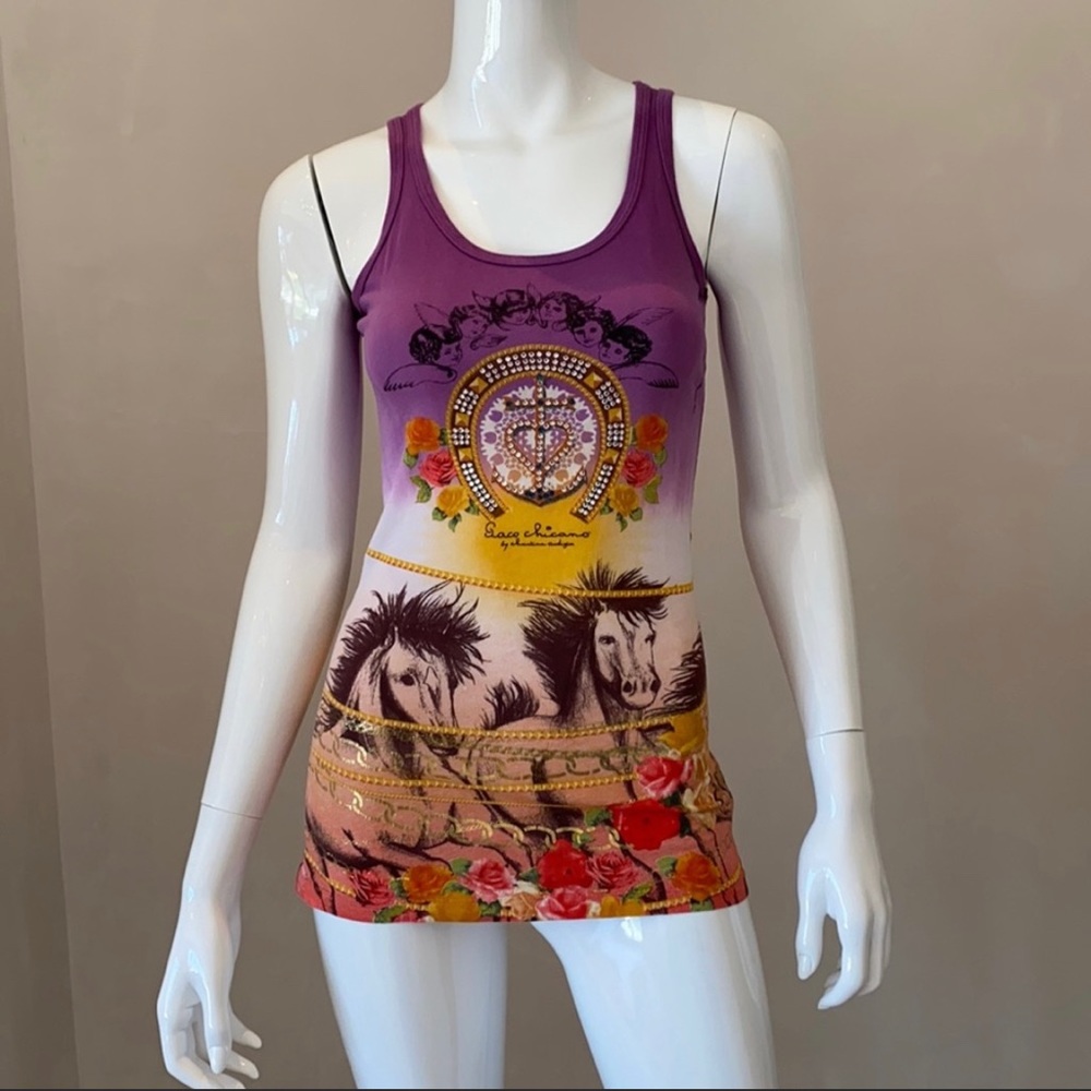 👑 Christian Audigier horse rhinestone cross angel tank top 👚